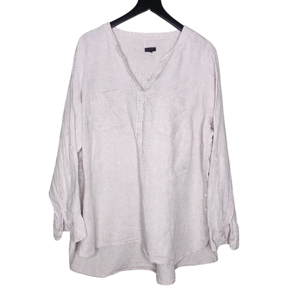 Talbots Plus Size Linen Shirt Coastal Beach Beige Popover Shirt V Neck 2X